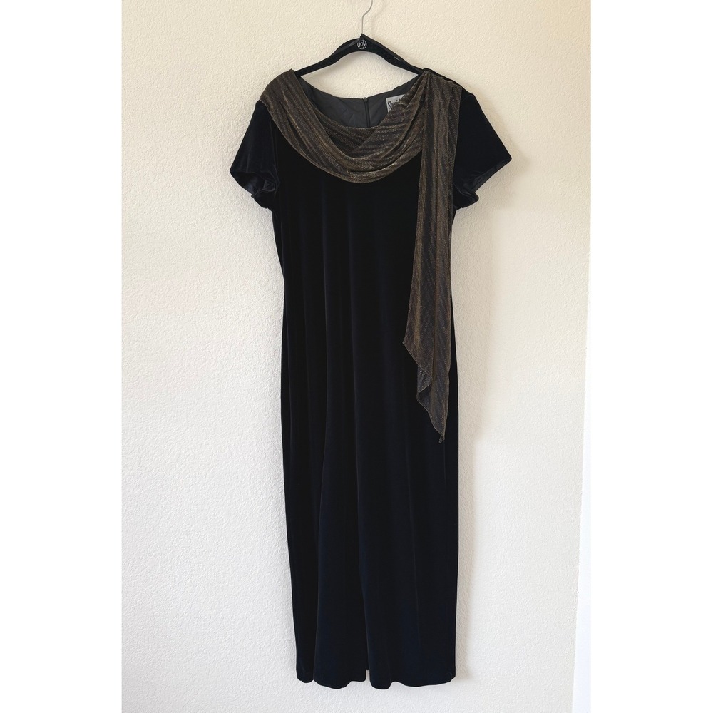 Vintage Sheri Martin New York Black Velvet Metallic Gold Draped Maxi Dress Sz 16